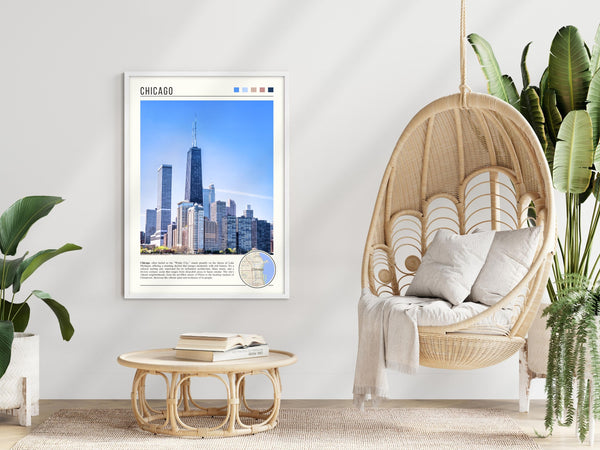 Descriptive Minimalist Chicago Skyline Poster in White Frame displayed in a modern living room with a wicker chair.