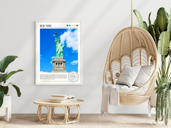 Descriptive Minimalist New York Poster in White Frame displayed in a modern living room with a wicker chair.