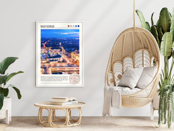 Descriptive Minimalist Nagyvárad Poster in White Frame displayed in a modern living room with a wicker chair.