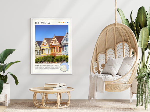 Descriptive Minimalist San Francisco Poster in White Frame displayed in a modern living room with a wicker chair.