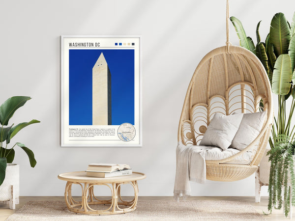 Descriptive Minimalist Washington Poster in White Frame displayed in a modern living room with a wicker chair.