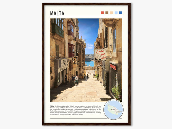 Descriptive Minimalist Malta Poster in Dark Wooden Frame