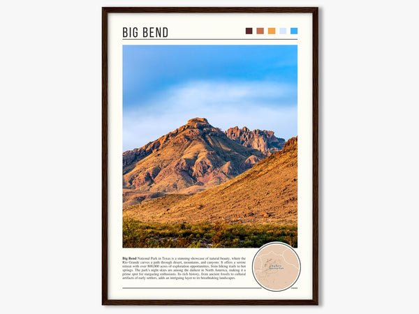 Descriptive Minimalist Big Bend Poster in Dark Wooden Frame