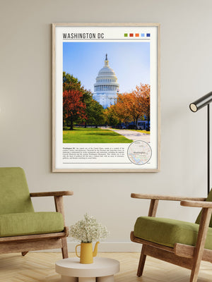 Descriptive Minimalist Washington Poster in Wooden Frame displayed in a living room with green chairs.