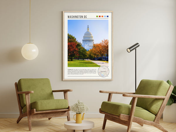 Descriptive Minimalist Washington Poster in Wooden Frame displayed in a living room with green chairs.