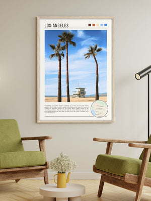 Descriptive Minimalist Los Angeles Poster in Wooden Frame displayed in a living room with green chairs.