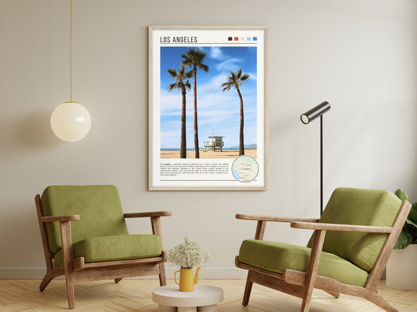 Descriptive Minimalist Los Angeles Poster in Wooden Frame displayed in a living room with green chairs.