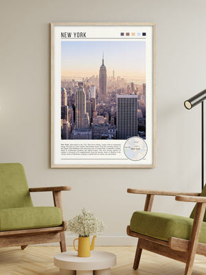 Descriptive Minimalist New York Poster in Wooden Frame displayed in a living room with green chairs.