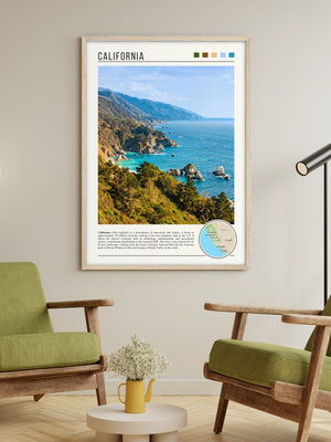 Descriptive Minimalist California Poster in Wooden Frame displayed in a living room with green chairs.