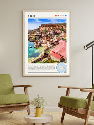 Descriptive Minimalist Malta Poster in Wooden Frame displayed in a living room with green chairs.