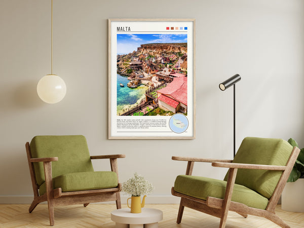 Descriptive Minimalist Malta Poster in Wooden Frame displayed in a living room with green chairs.