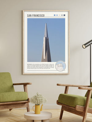 Descriptive Minimalist San Francisco Poster in Wooden Frame displayed in a living room with green chairs.