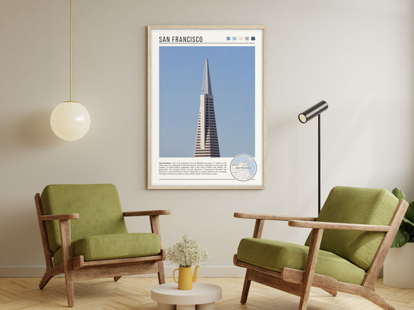 Descriptive Minimalist San Francisco Poster in Wooden Frame displayed in a living room with green chairs.