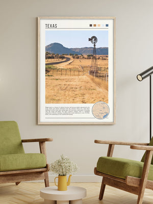 Descriptive Minimalist Texas Poster in Wooden Frame displayed in a living room with green chairs.