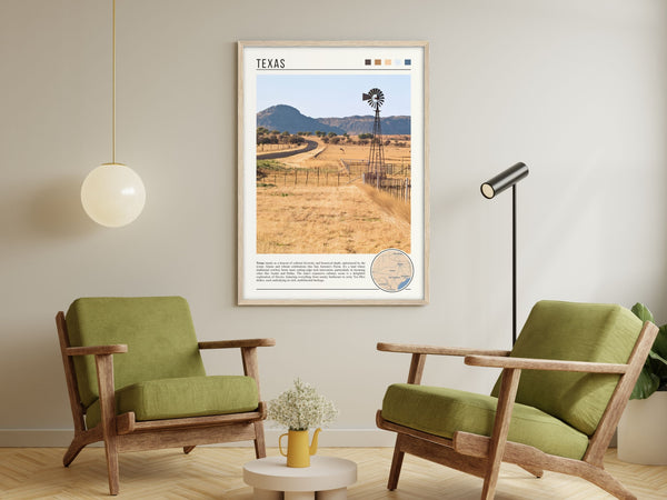 Descriptive Minimalist Texas Poster in Wooden Frame displayed in a living room with green chairs.