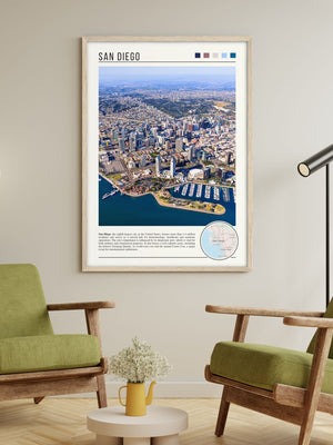 Descriptive Minimalist San Diego Poster in Wooden Frame displayed in a living room with green chairs.