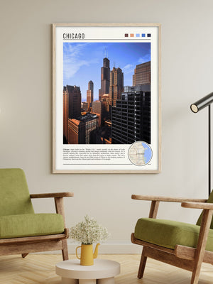 Descriptive Minimalist Chicago Poster in Wooden Frame displayed in a living room with green chairs.