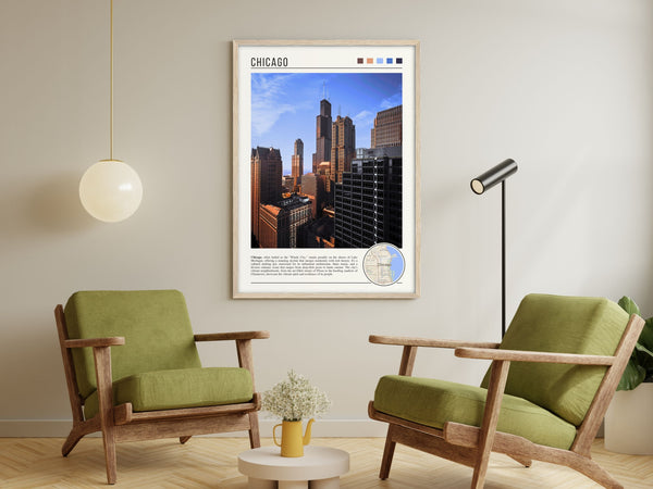 Descriptive Minimalist Chicago Poster in Wooden Frame displayed in a living room with green chairs.