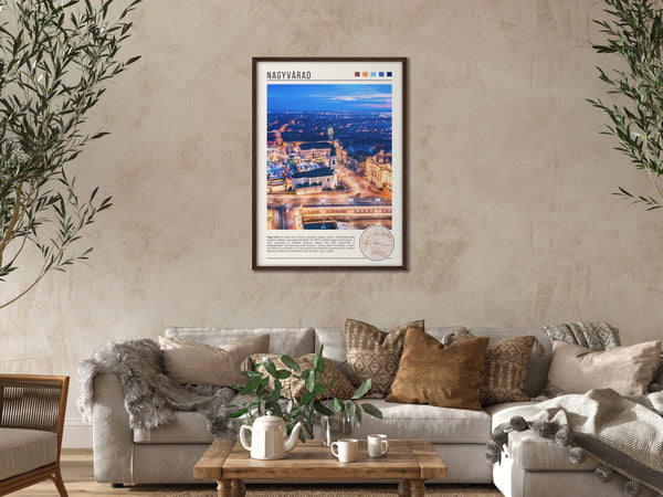 Descriptive Minimalist Nagyvárad Poster in Dark Wooden Frame displayed in a cozy living room with a beige sofa.