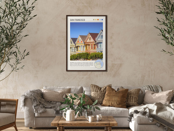 Descriptive Minimalist San Francisco Poster in Dark Wooden Frame displayed in a cozy living room with a beige sofa.