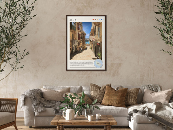 Descriptive Minimalist Malta Poster in Dark Wooden Frame displayed in a cozy living room with a beige sofa.