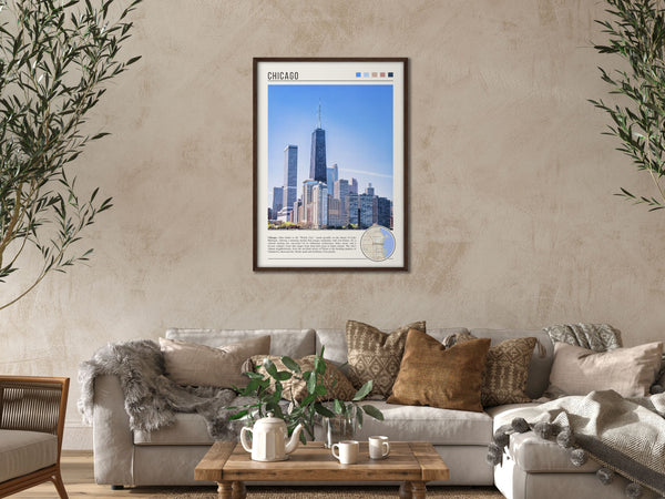 Descriptive Minimalist Chicago Skyline Poster in Dark Wooden Frame displayed in a cozy living room with a beige sofa.