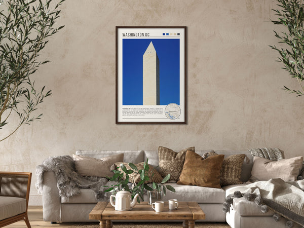 Descriptive Minimalist Washington Poster in Dark Wooden Frame displayed in a cozy living room with a beige sofa.