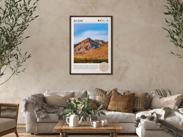 Descriptive Minimalist Big Bend Poster in Dark Wooden Frame displayed in a cozy living room with a beige sofa.