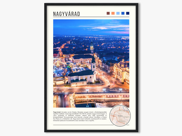 Descriptive Minimalist Nagyvárad Poster in Black Frame displayed in a living room with a gray armchair.