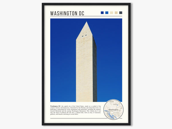 Descriptive Minimalist Washington Poster in Black Frame displayed in a living room with a gray armchair.