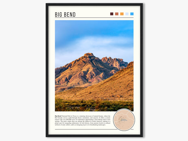 Descriptive Minimalist Big Bend Poster in Black Frame displayed in a living room with a gray armchair.