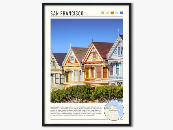 Descriptive Minimalist San Francisco Poster in Black Frame displayed in a living room with a gray armchair.