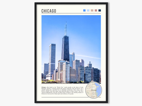 Descriptive Minimalist Chicago Skyline Poster in Black Frame displayed in a living room with a gray armchair.