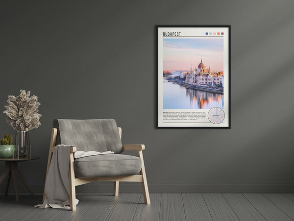 Descriptive Minimalist Budapest Poster in Black Frame