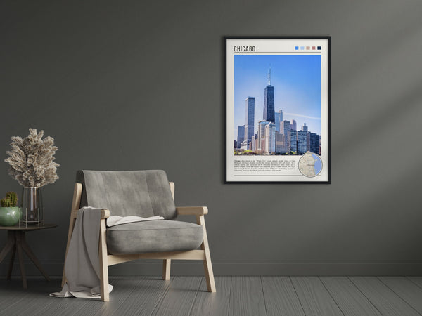 Descriptive Minimalist Chicago Skyline Poster in Black Frame