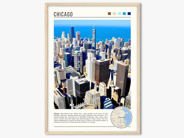 Descriptive Minimalist Chicago Skyline Poster in Wooden Frame