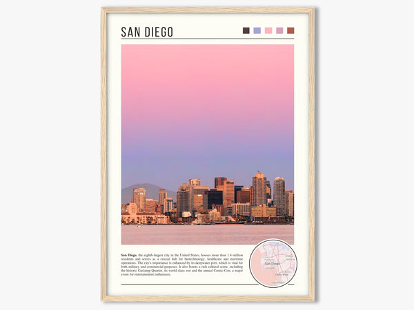 Descriptive Minimalist San Diego Poster in Wooden Frame