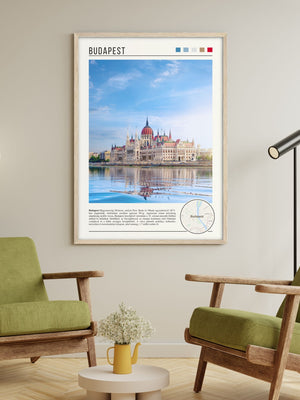 Descriptive Minimalist Budapest Poster in Wooden Frame displayed in a living room with green chairs.