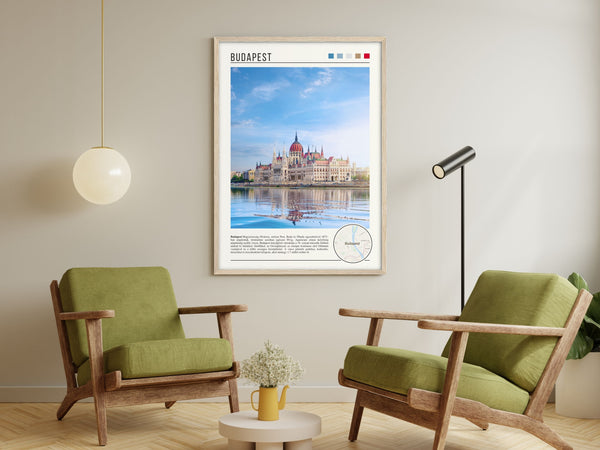 Descriptive Minimalist Budapest Poster in Wooden Frame displayed in a living room with green chairs.