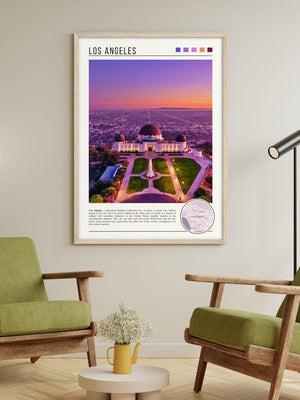 Descriptive Minimalist Griffith Observatory Poster in Wooden Frame displayed in a living room with green chairs.