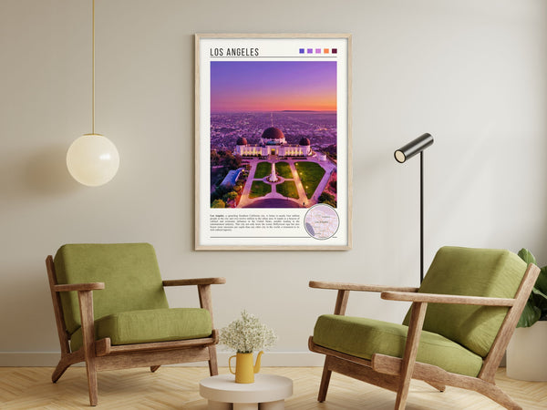 Descriptive Minimalist Griffith Observatory Poster in Wooden Frame displayed in a living room with green chairs.