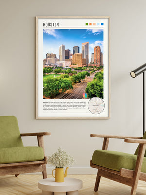 Descriptive Minimalist Houston Poster in Wooden Frame displayed in a living room with green chairs.