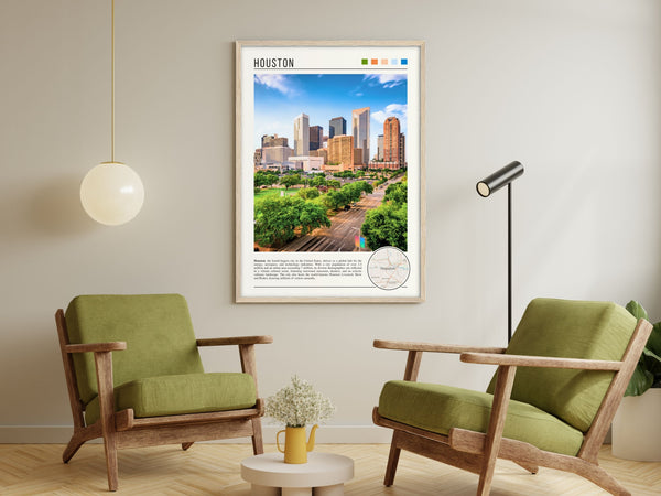 Descriptive Minimalist Houston Poster in Wooden Frame displayed in a living room with green chairs.