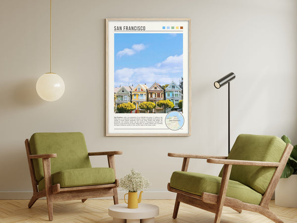 Descriptive Minimalist San Francisco Poster in Wooden Frame displayed in a living room with green chairs.