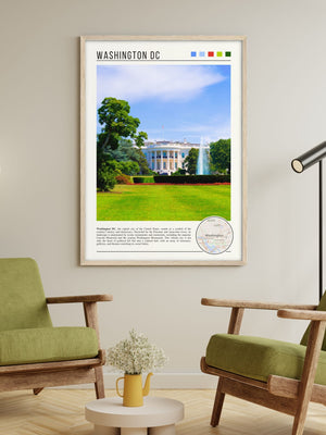 Descriptive Minimalist Washington Poster in Wooden Frame displayed in a living room with green chairs.