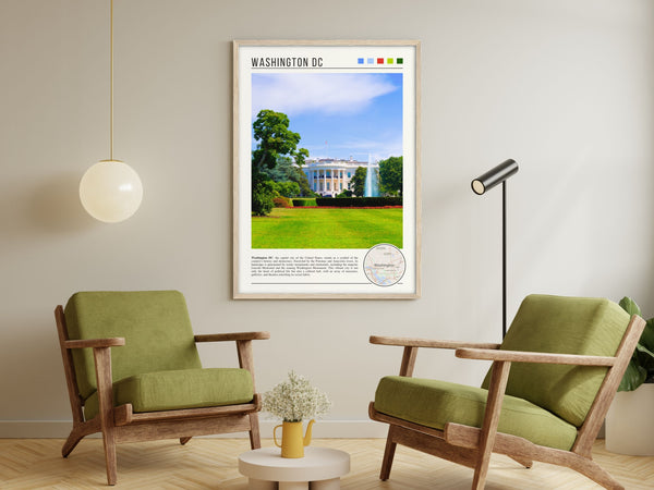 Descriptive Minimalist Washington Poster in Wooden Frame displayed in a living room with green chairs.