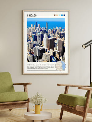 Descriptive Minimalist Chicago Skyline Poster in Wooden Frame displayed in a living room with green chairs.