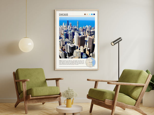 Descriptive Minimalist Chicago Skyline Poster in Wooden Frame displayed in a living room with green chairs.