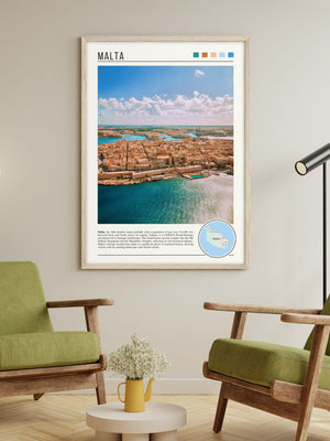 Descriptive Minimalist Malta Poster in Wooden Frame displayed in a living room with green chairs.