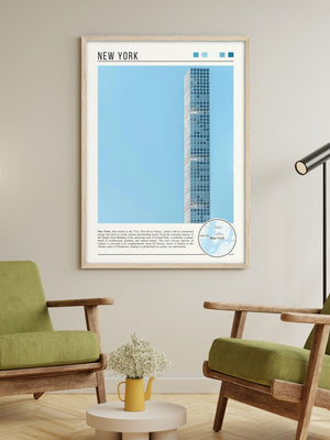 Descriptive Minimalist New York Poster in Wooden Frame displayed in a living room with green chairs.